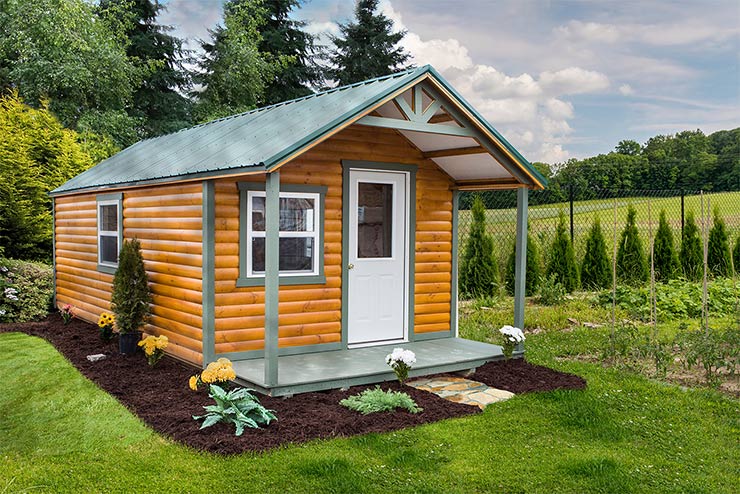 High Barn shed Smoke stain color Half log siding, Chestnut stain trim,
                                    Red metal roof, Wooden double doors with Transom windows.